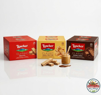 ویفر لواکر شکلاتی فندقی Loacker وزن ۴۵ گرم سه طعم بسته ۲۵ عددی کارتن 3 عددی